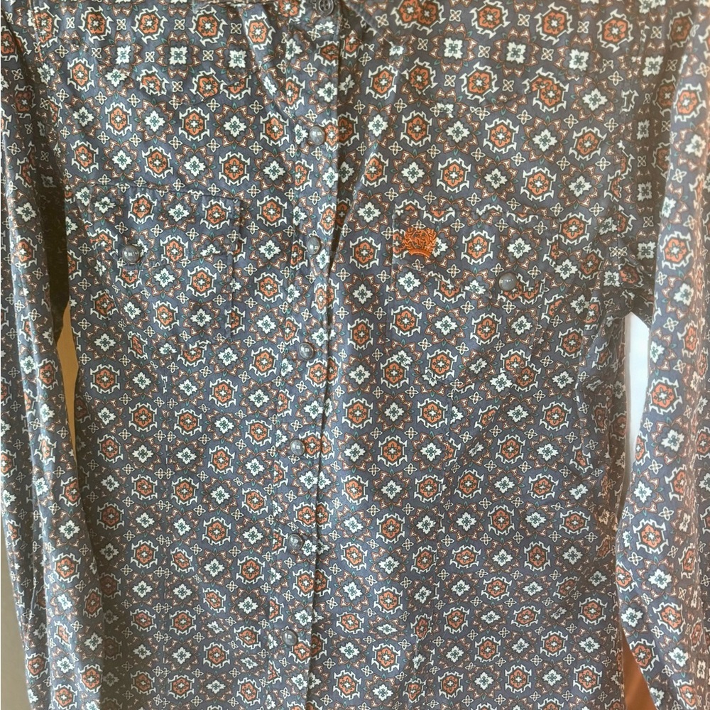 Cinch Women's Geometric Button Down Shirt - Blue and Orange